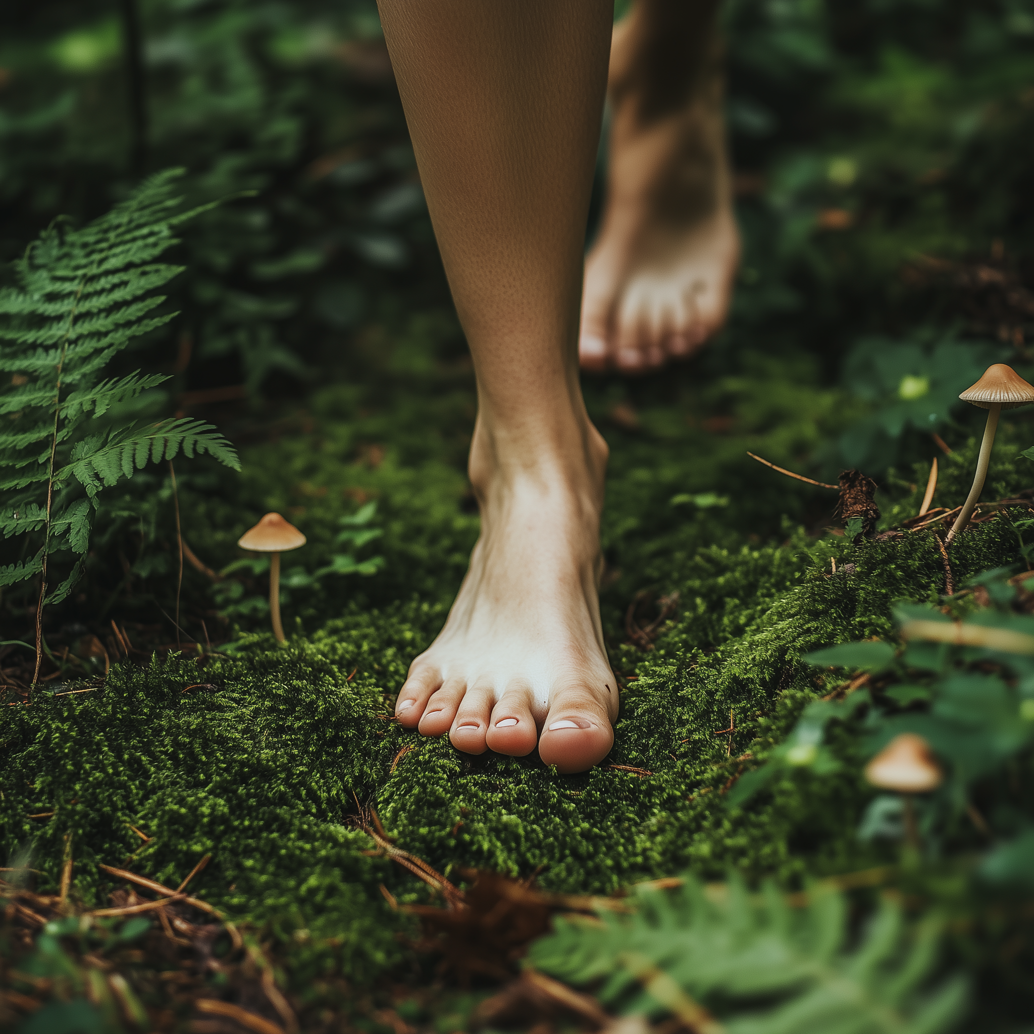 Eine Person geht barfuß über moosbedeckten Boden im Wald, umgeben von grünen Pflanzen und kleinen Pilzen.
