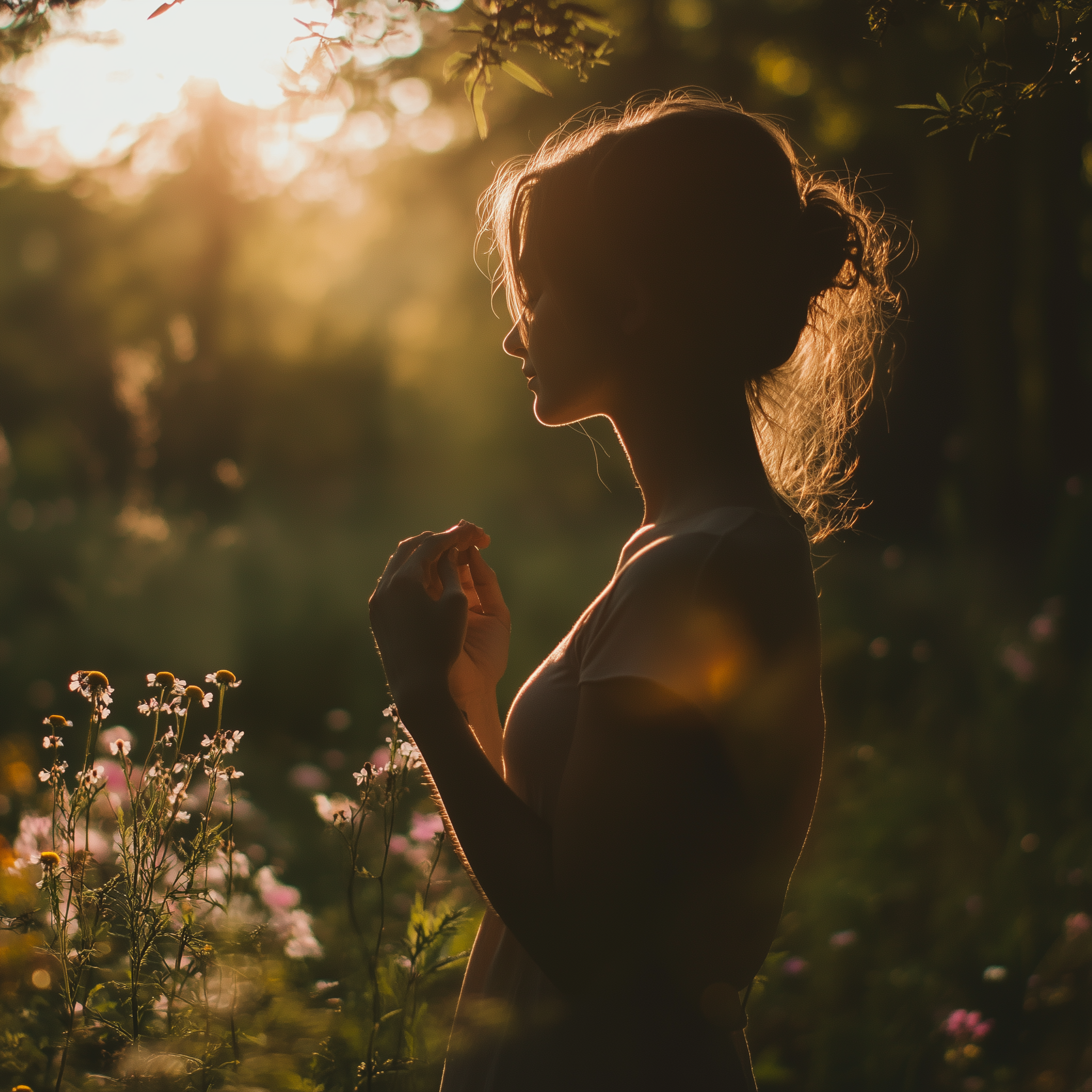 Eine Frau mit langen Haaren in einem Strickpullover sitzt in einer entspannten Pose im Freien. Sanftes Sonnenlicht fällt auf sie, während sie meditiert.