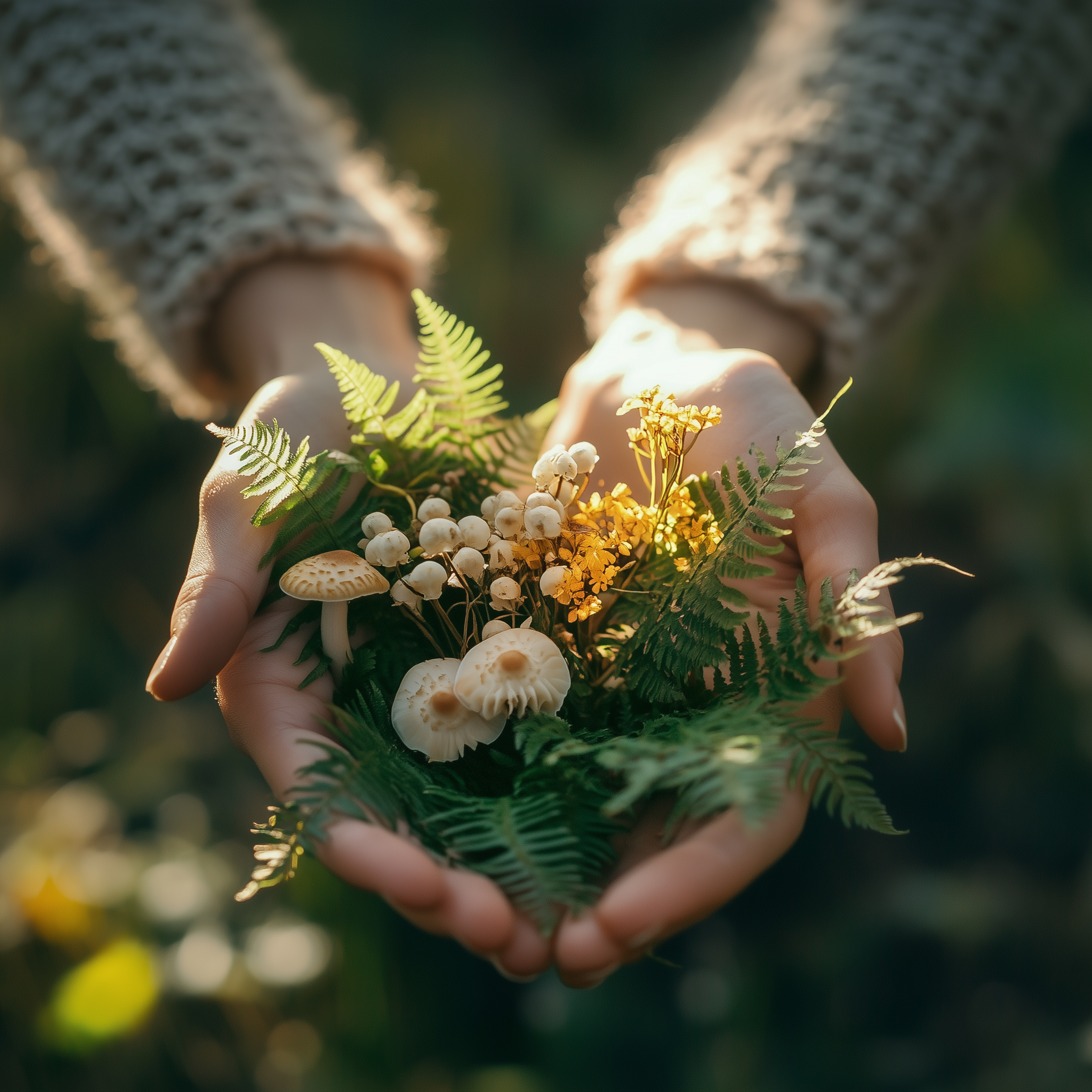 Hände halten einen kleinen Strauß mit verschiedenen Pflanzen, Blumen und Pilzen umgeben von frischen grünen Blättern.